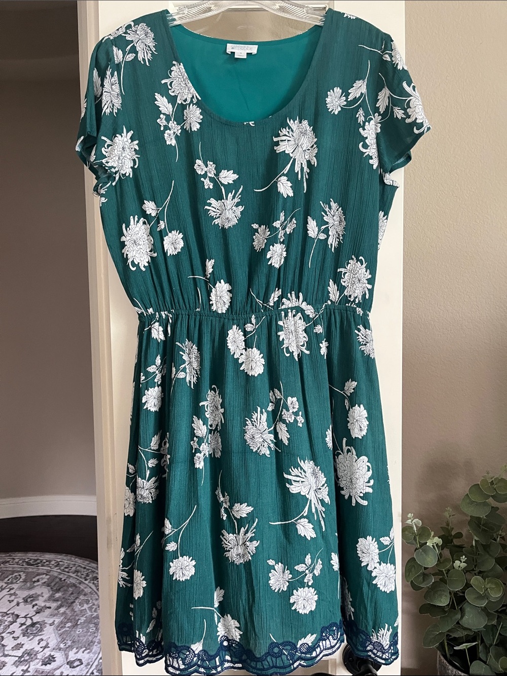 Market & Spruce Dress, Medium, Green, White, Floral, Lined, Elastic Waist